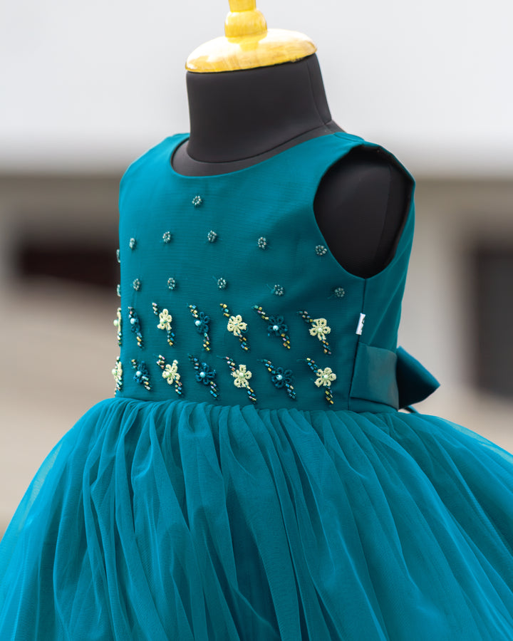 Handwork yoke detail on teal blue detachable tail birthday frock – Stanwells Kids