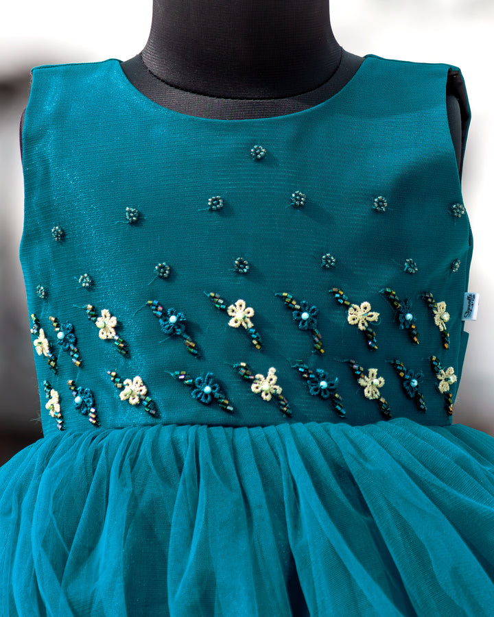 Layered net skirt on teal blue handwork up down partywear frock – Stanwells Kids