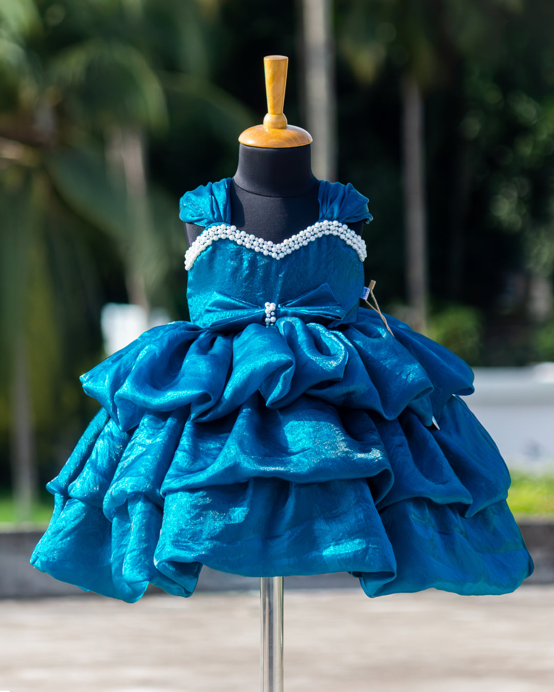 Teal blue premium pearls embroidery western style silk frock for baby girl – front view, Stanwells Kids