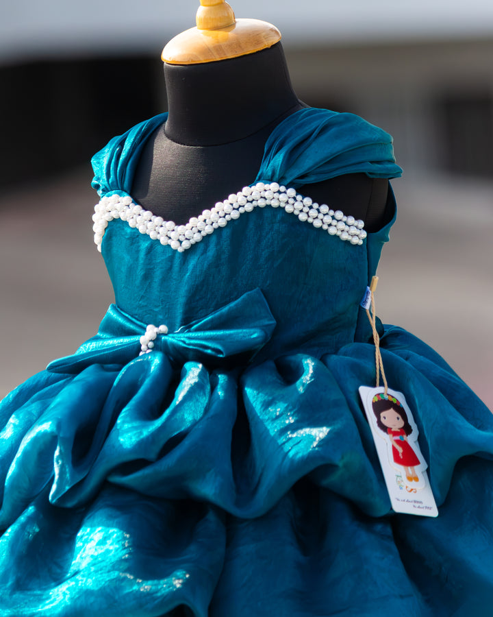 Pearl embroidery detail on teal blue layered western silk frock – Stanwells Kids