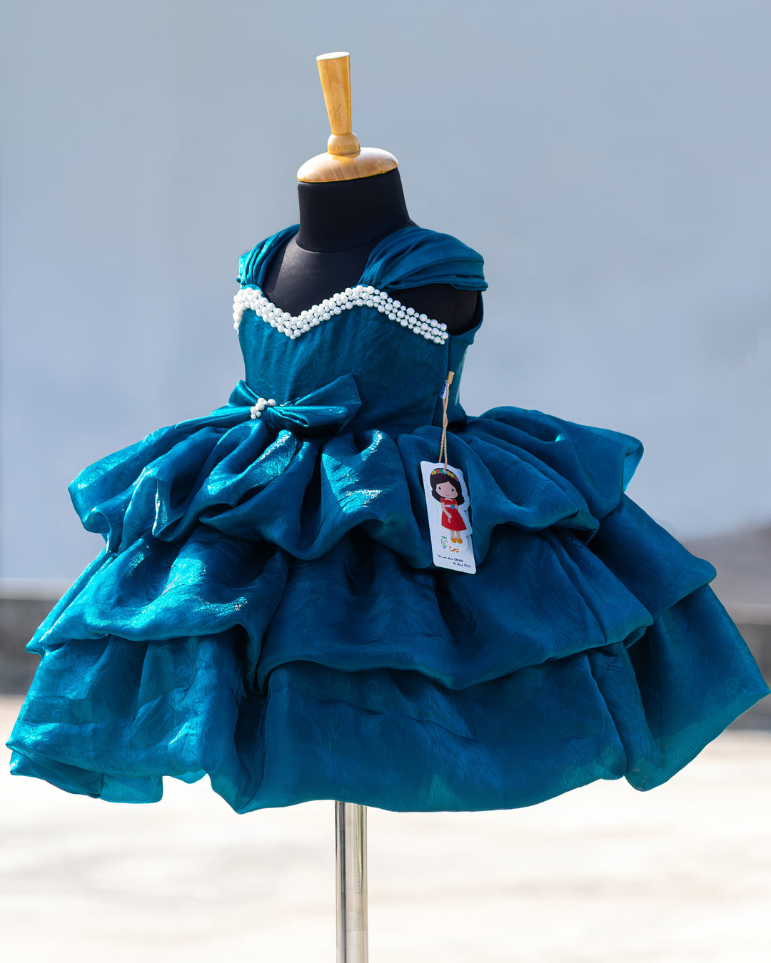 Layered western style teal blue silk frock full look for baby girl – Stanwells Kids