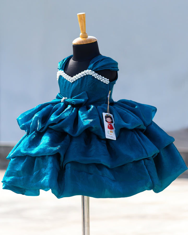 Layered western style teal blue silk frock full look for baby girl – Stanwells Kids