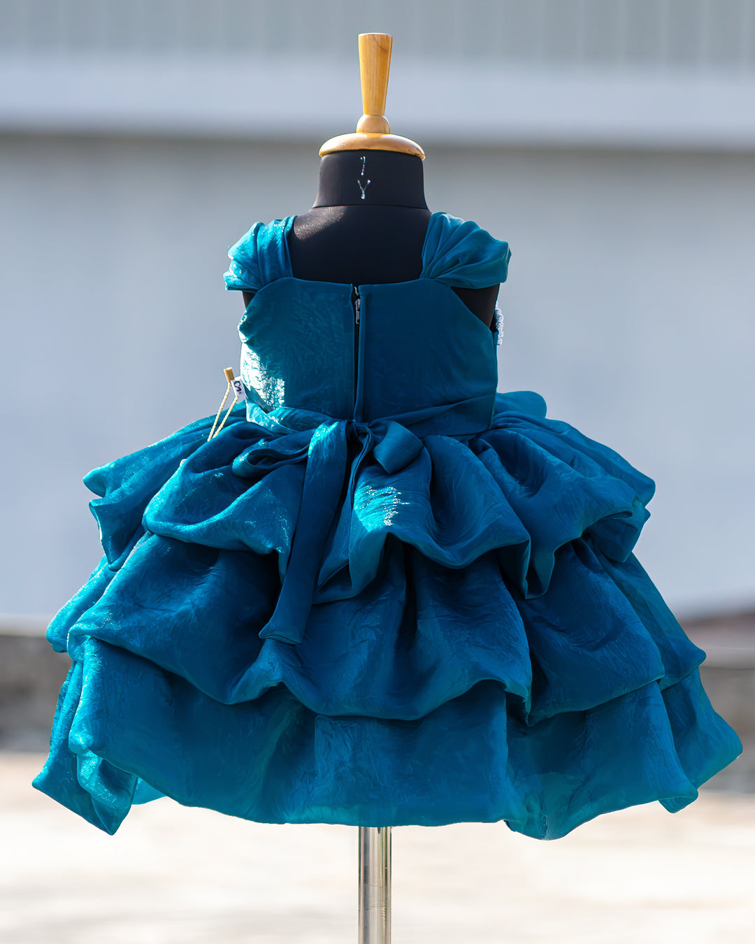 Teal blue silk party frock with modern western silhouette – Stanwells Kids