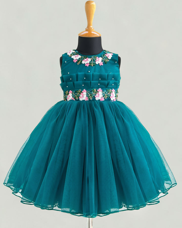 Teal blue flower handwork pleated party dress for baby girls