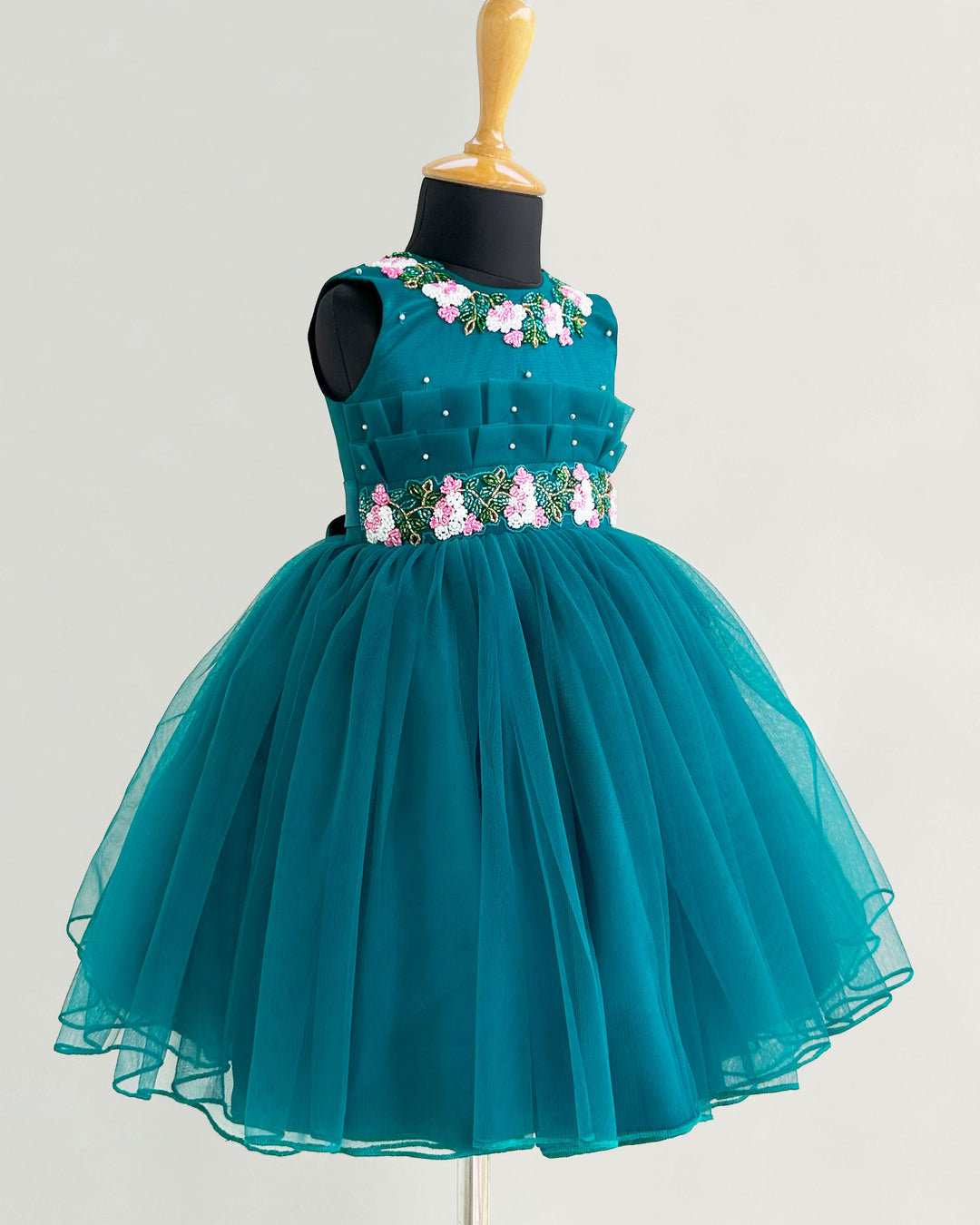 Teal blue flower handwork pleated party dress for baby girls