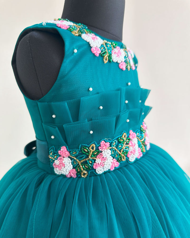 Teal blue flower handwork pleated party dress for baby girls