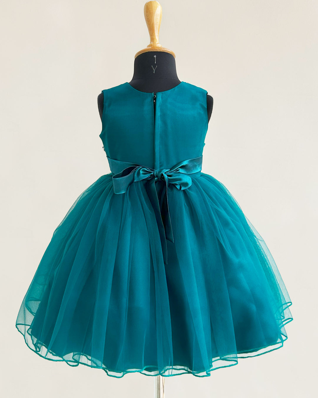 Teal blue flower handwork pleated party dress for baby girls