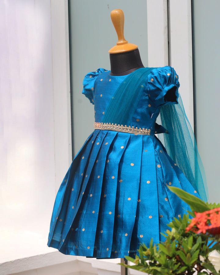 Teal blue silk frock, baby girls birthday dress, ethnic party wear, festive frock, butti design frock