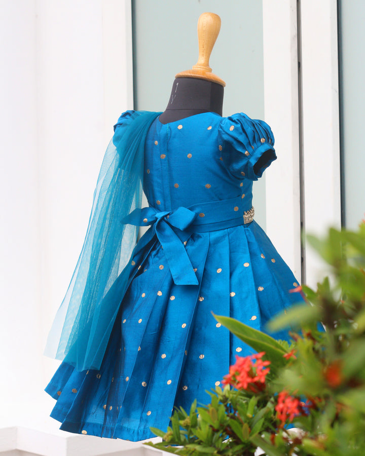Teal blue silk frock, baby girls birthday dress, ethnic party wear, festive frock, butti design frock