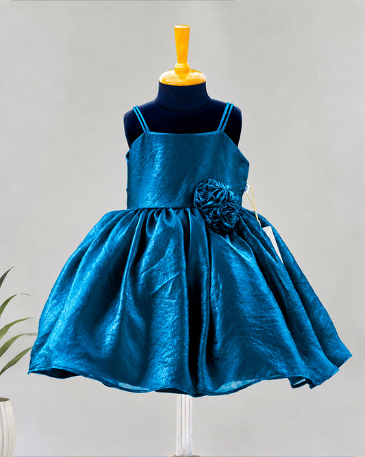 Teal blue velvet organza strap sleeve frock for baby girl – front view, Stanwells Kids