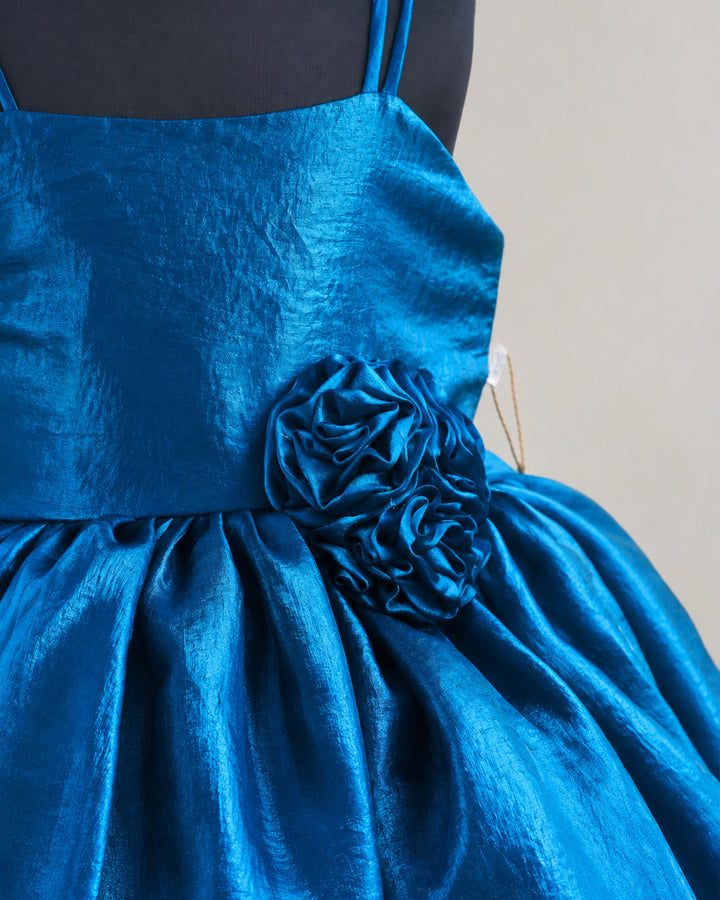 Handmade flowers and strap yoke detail on teal blue organza frock – Stanwells Kids