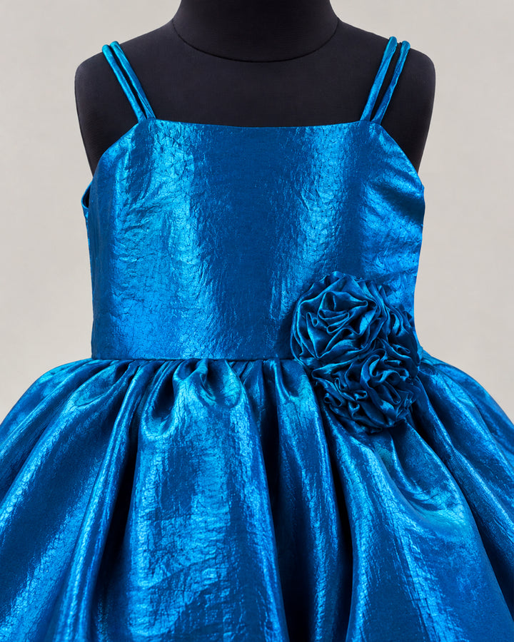 Teal blue organza net layer flared skirt on strap sleeve party frock – Stanwells Kids