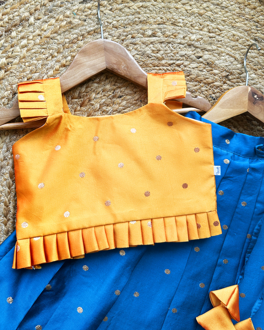 Mango yellow teal blue silk baby girls birthday dress, butti lehenga choli, traditional kids wear, festive baby girl outfit