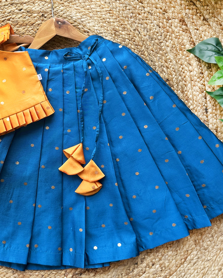 Mango yellow teal blue silk baby girls birthday dress, butti lehenga choli, traditional kids wear, festive baby girl outfit
