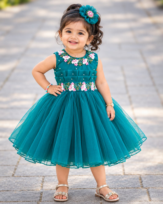 Teal blue flower handwork pleated party dress for baby girls