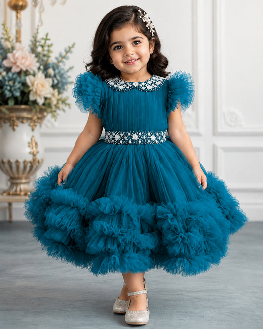 Teal blue handwork Peter Pan collar birthday frock for baby girl – front view, Stanwells Kids