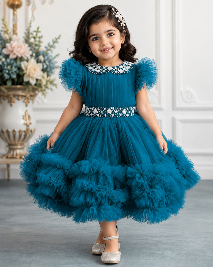 Teal blue handwork Peter Pan collar birthday frock for baby girl – front view, Stanwells Kids