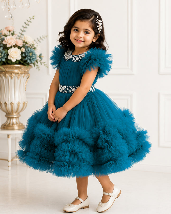 Teal blue handwork Peter Pan collar birthday frock for baby girl – front view, Stanwells Kids
