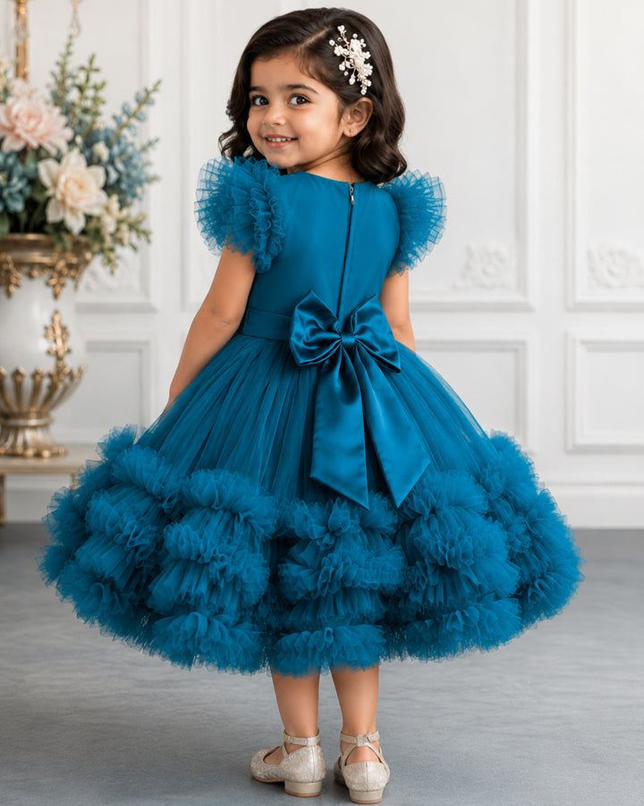 Teal blue handwork Peter Pan collar birthday frock for baby girl – front view, Stanwells Kids