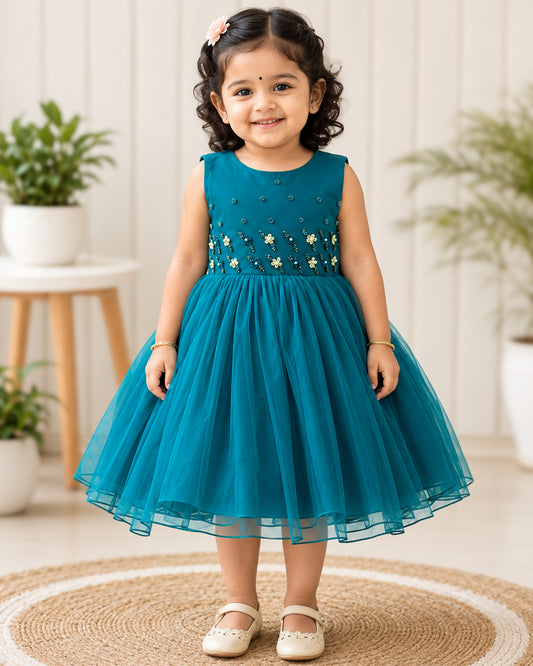 Teal blue handwork up and down detachable tail partywear frock for baby girl – Stanwells Kids