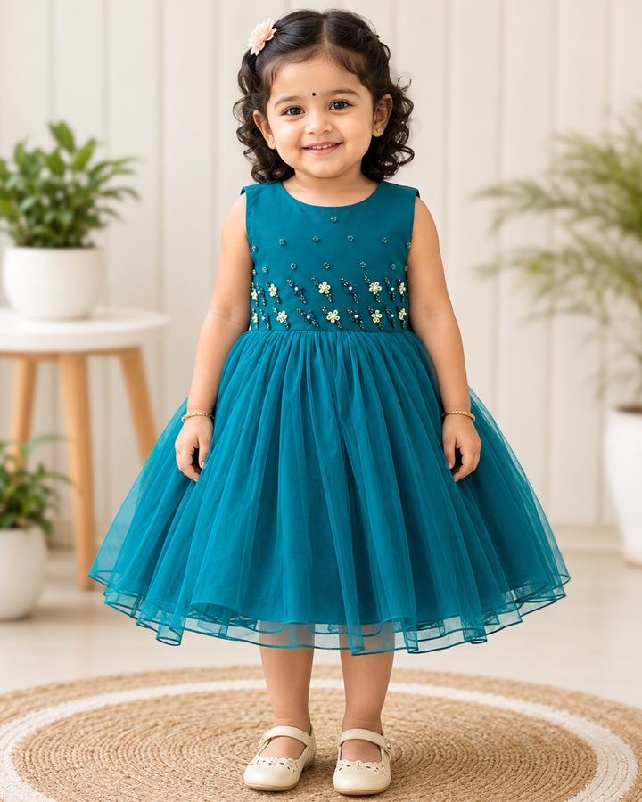 Teal blue handwork up and down detachable tail partywear frock for baby girl – Stanwells Kids