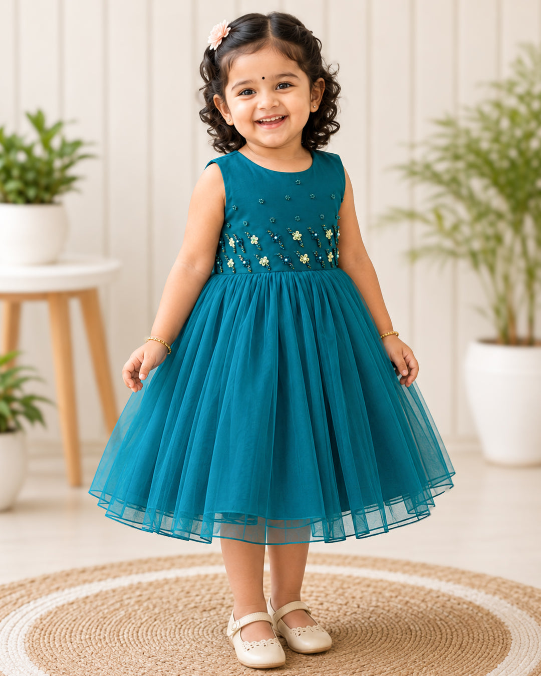 Teal blue handwork up and down detachable tail partywear frock for baby girl – Stanwells Kids
