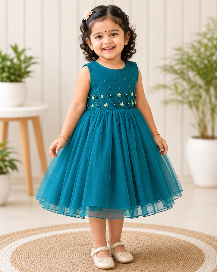 Teal blue handwork up and down detachable tail partywear frock for baby girl – Stanwells Kids