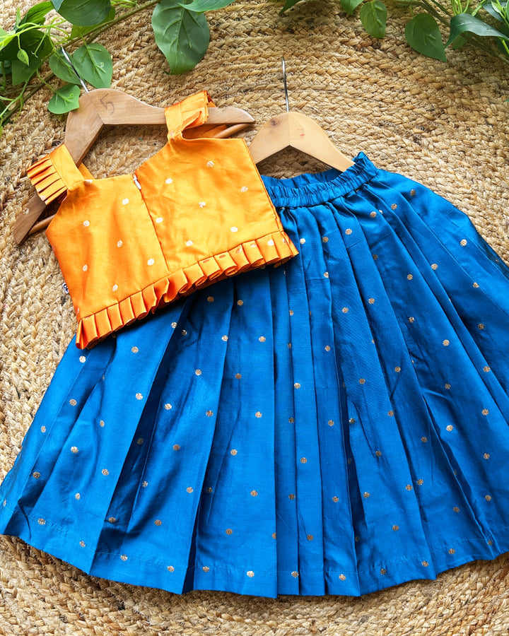 Mango yellow teal blue silk baby girls birthday dress, butti lehenga choli, traditional kids wear, festive baby girl outfit