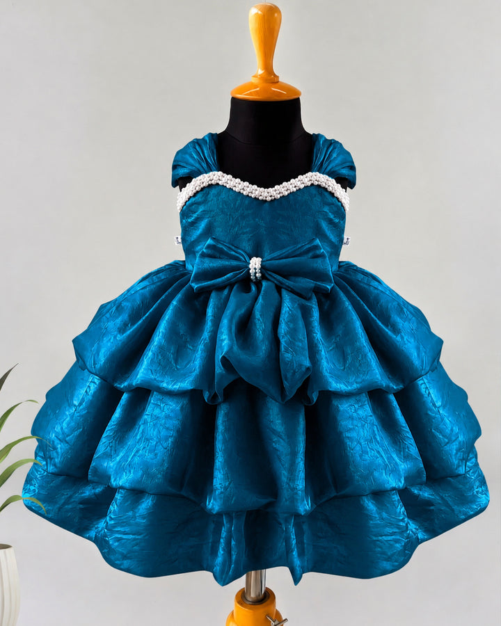 Teal blue premium pearls embroidery western style silk frock for baby girl – front view, Stanwells Kids