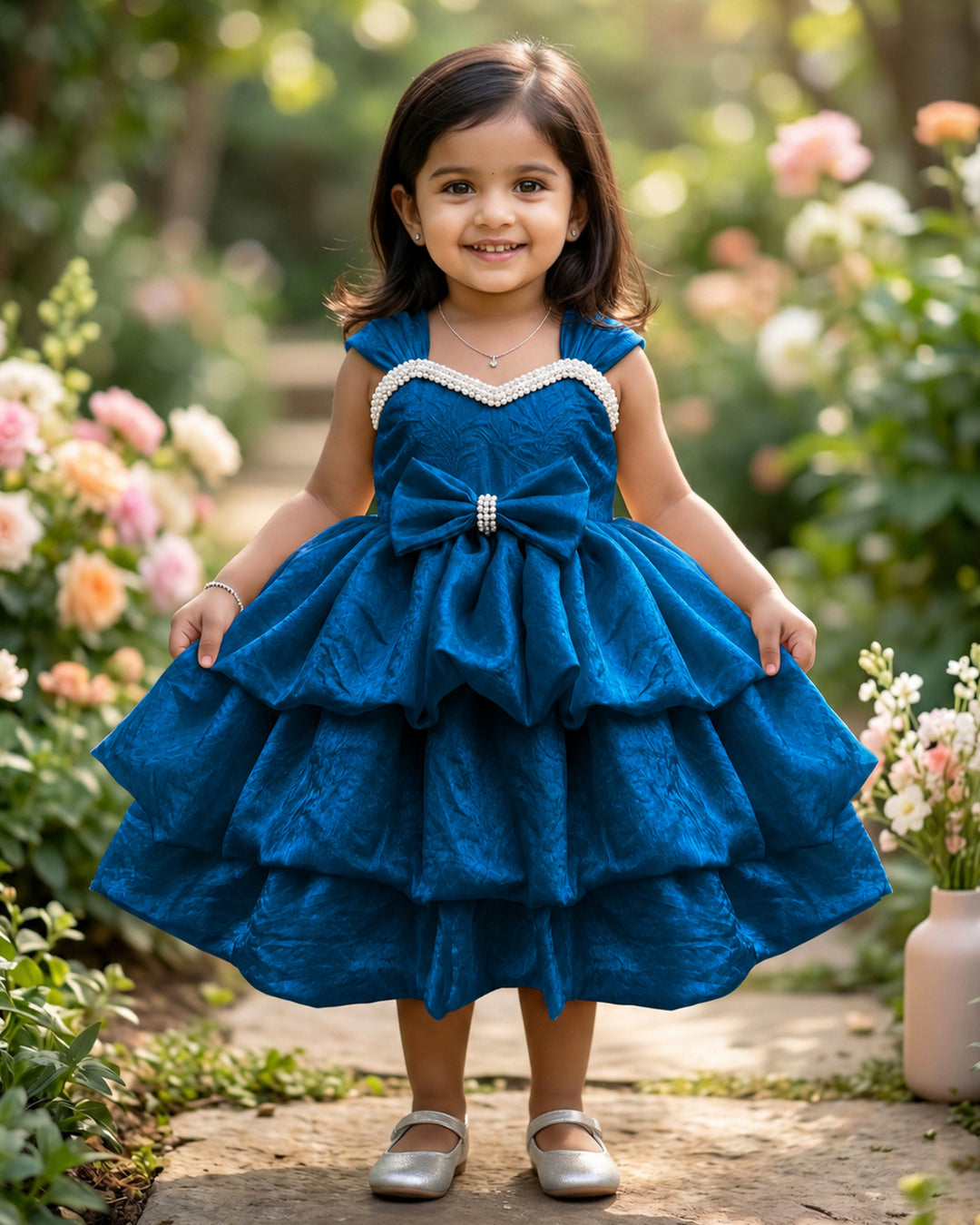Teal blue premium pearls embroidery western style silk frock for baby girl – front view, Stanwells Kids