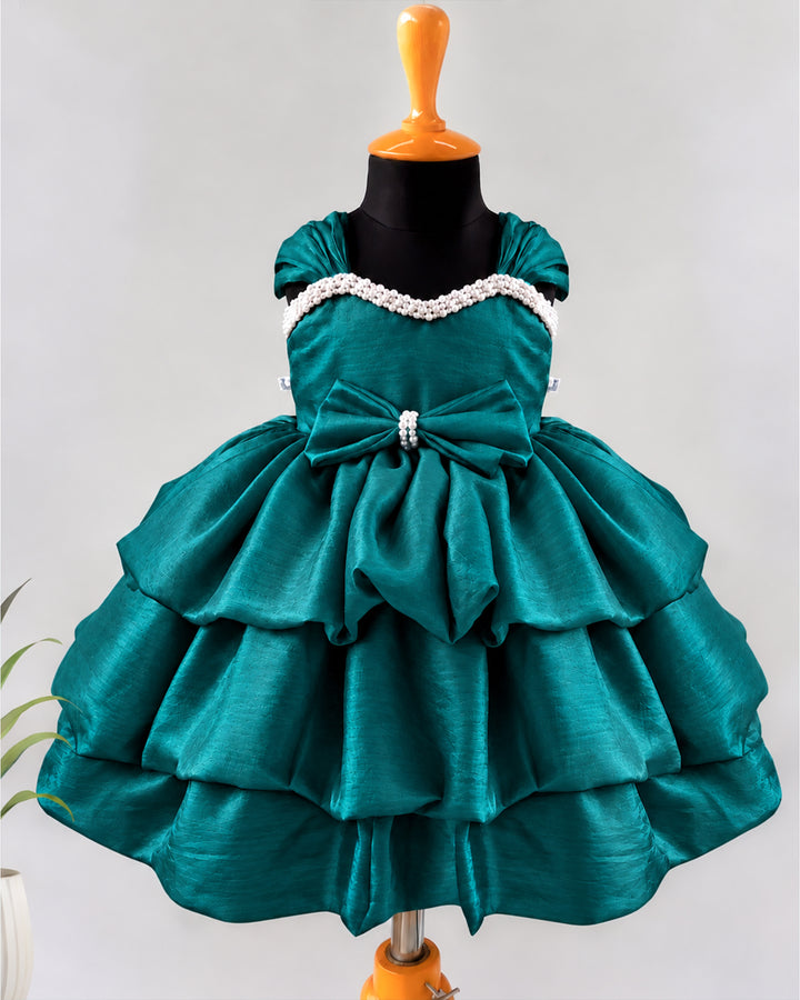 Peacock green premium silk frock for baby girl with elegant pearl embroidery and western-style partywear , Stanwells Kids.