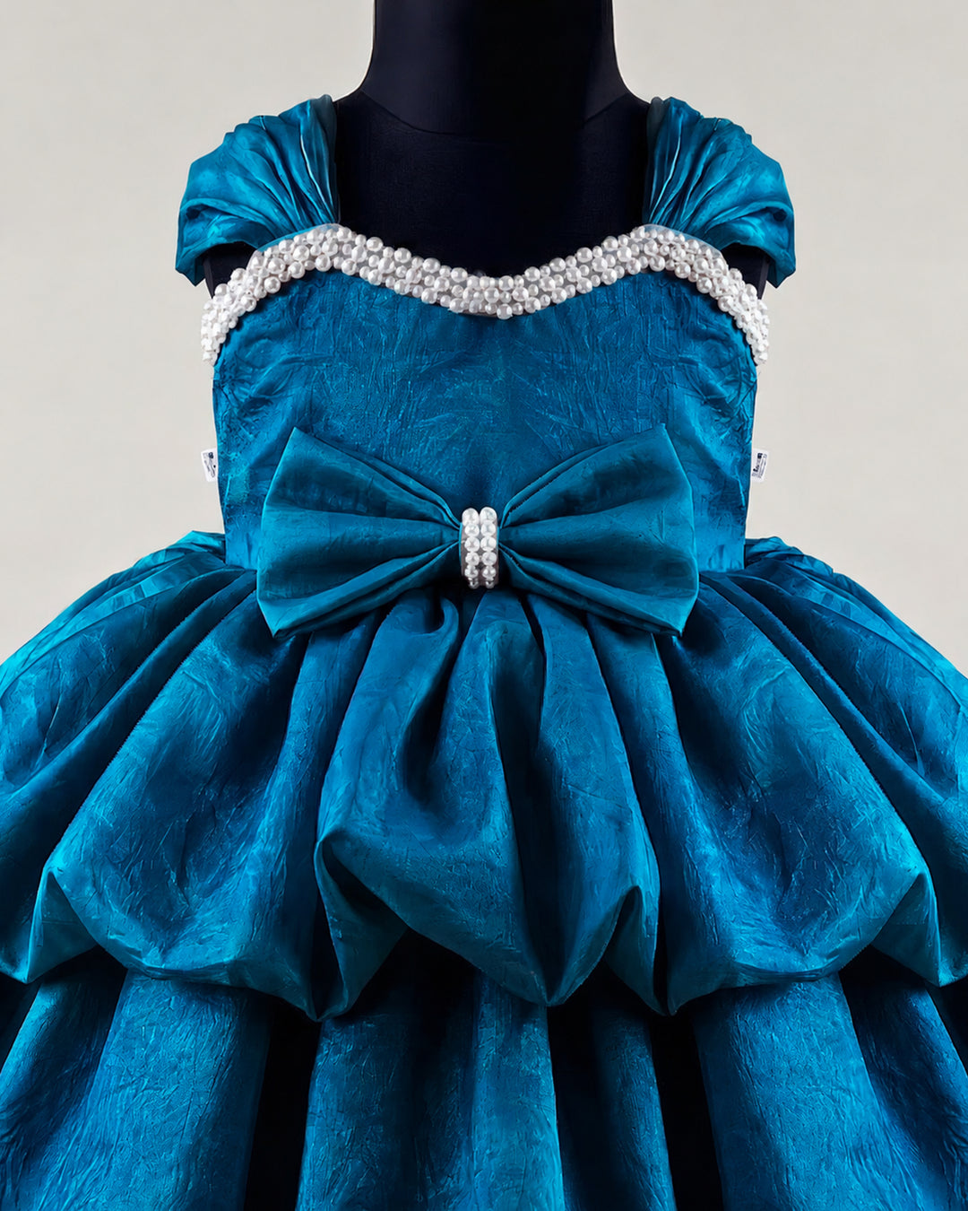 Pearl embroidery detail on teal blue layered western silk frock – Stanwells Kids