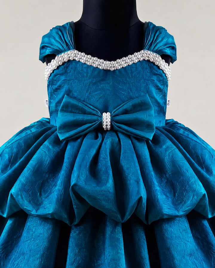 Pearl embroidery detail on teal blue layered western silk frock – Stanwells Kids