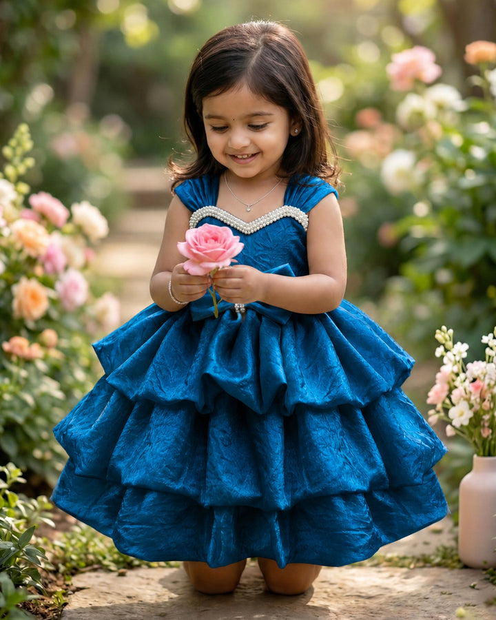 Teal blue premium pearls embroidery western style silk frock for baby girl – front view, Stanwells Kids