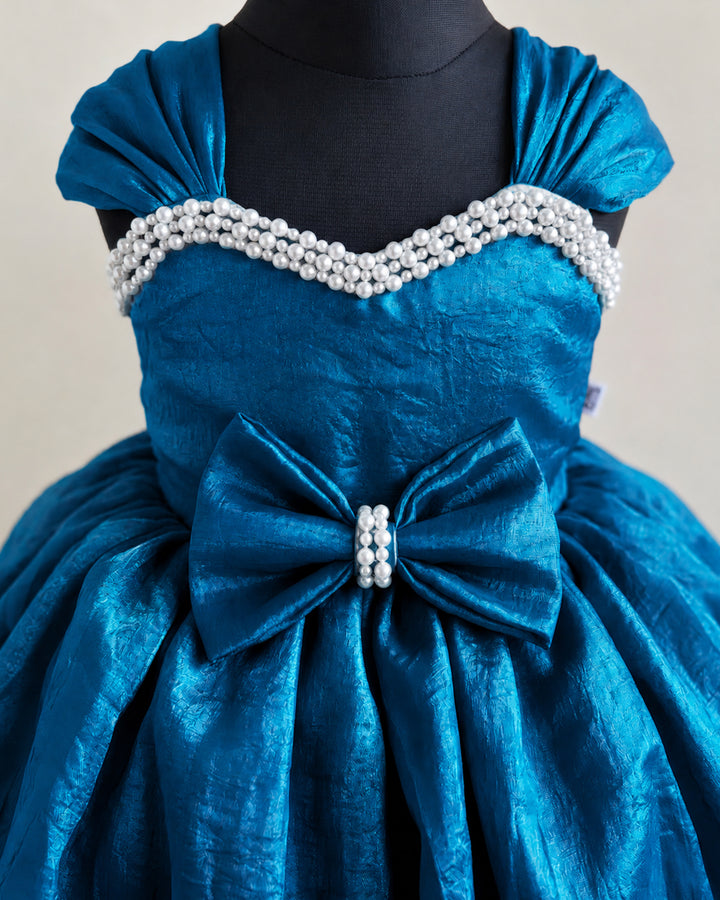 Pearl embroidery detail on teal blue layered western silk frock – Stanwells Kids