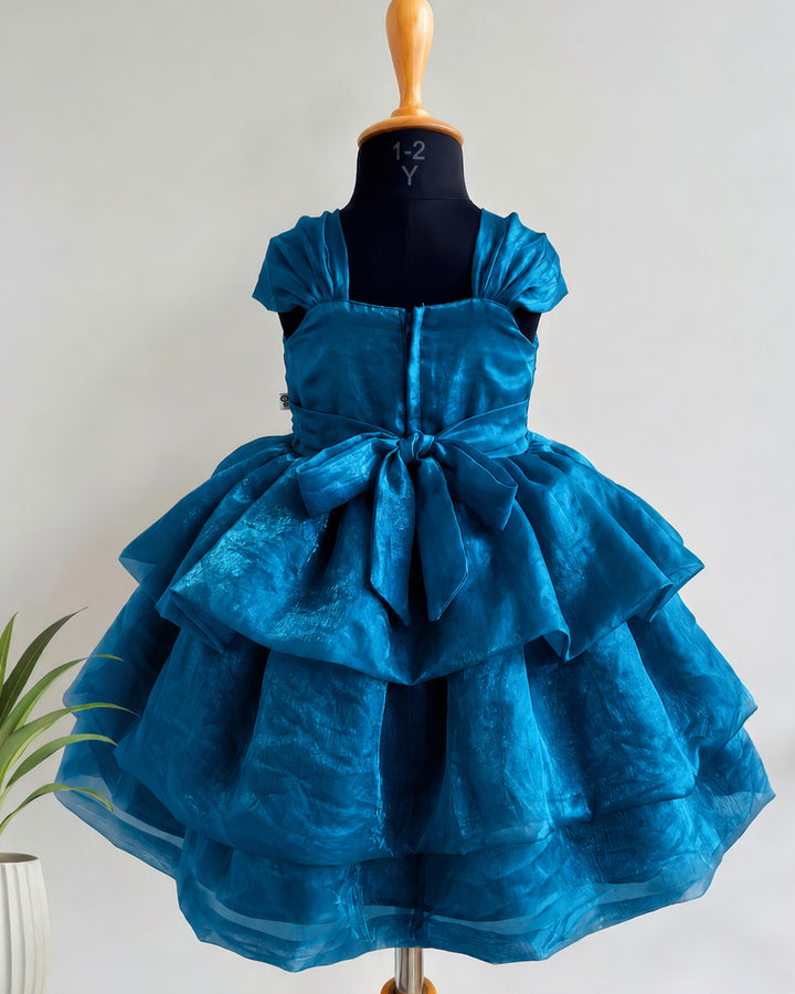 Teal blue silk party frock with modern western silhouette – Stanwells Kids