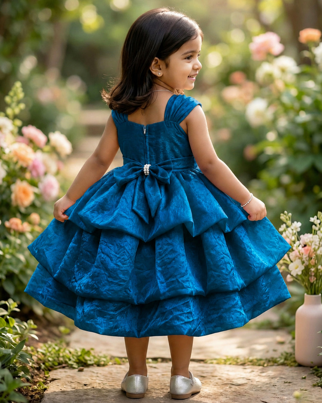 Teal blue silk party frock with modern western silhouette – Stanwells Kids
