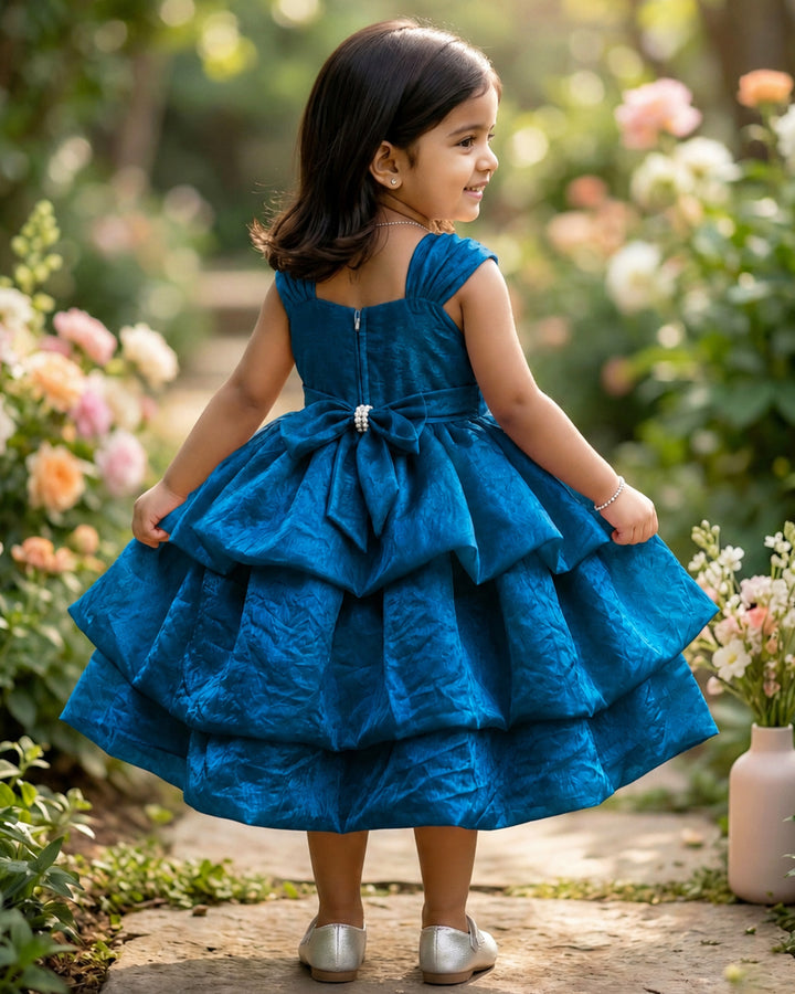 Teal blue silk party frock with modern western silhouette – Stanwells Kids