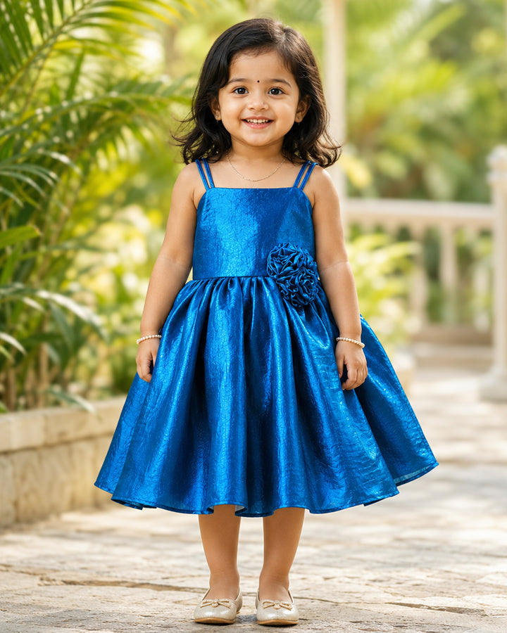 Teal blue velvet organza strap sleeve frock for baby girl – front view, Stanwells Kids