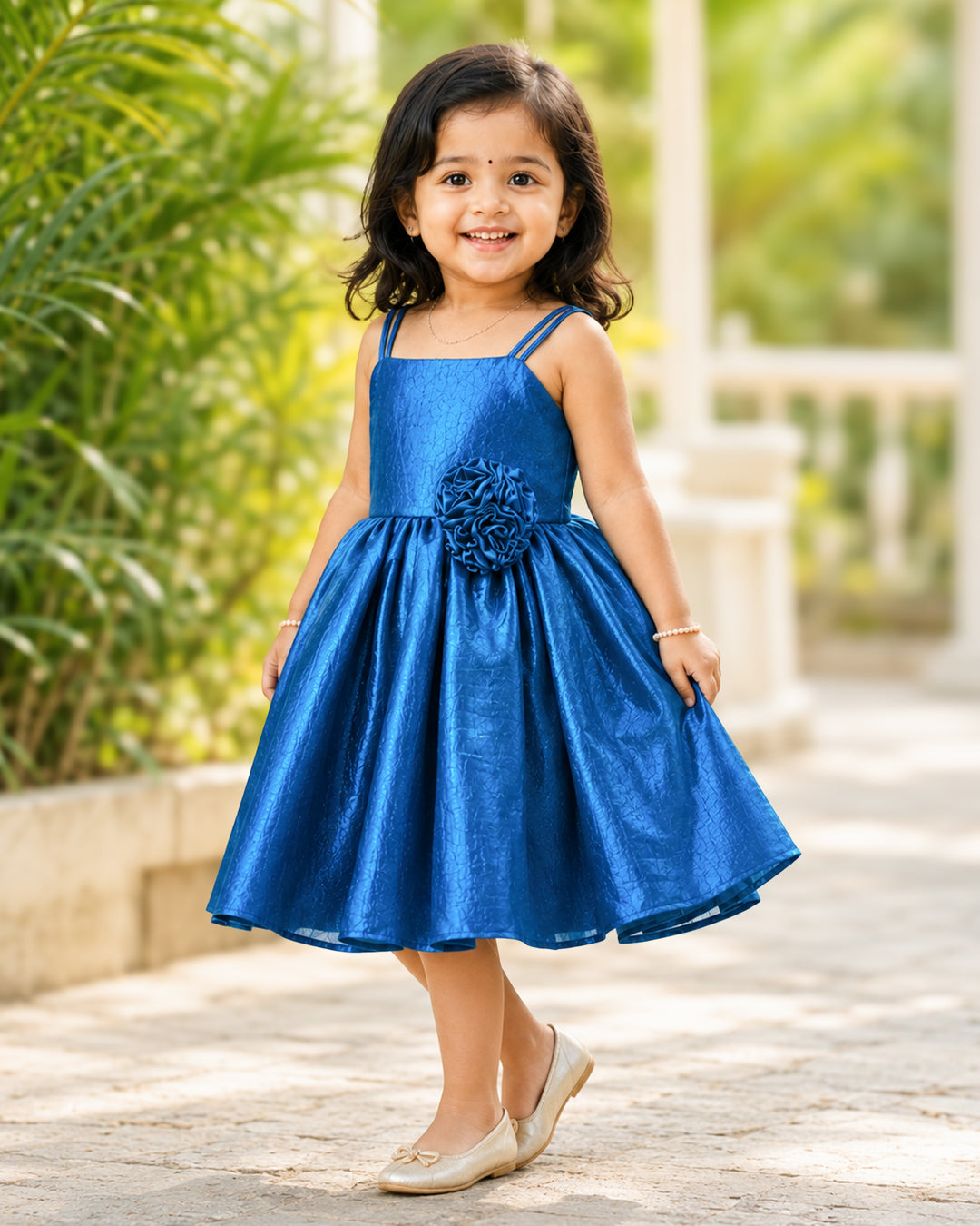 Teal blue velvet organza strap sleeve frock for baby girl – front view, Stanwells Kids