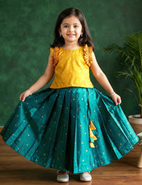 Turquoise Green & Mango Yellow Silk Lehenga Choli for Girls – Festive Ethnic Dress