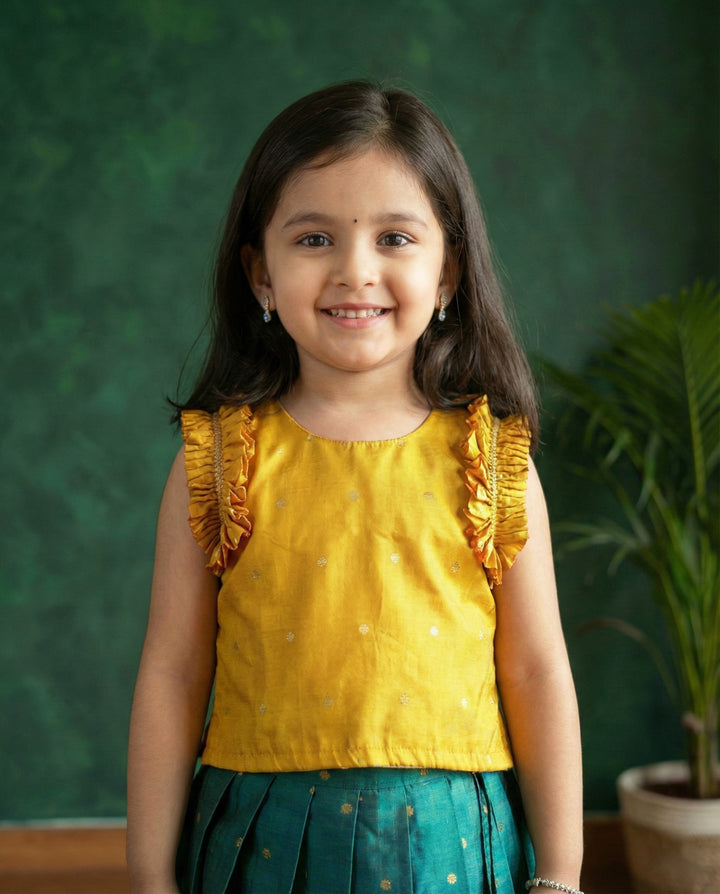 baby girls turquoise green mango yellow silk birthday dress lehenga choli traditional ethnic outfit festive wear