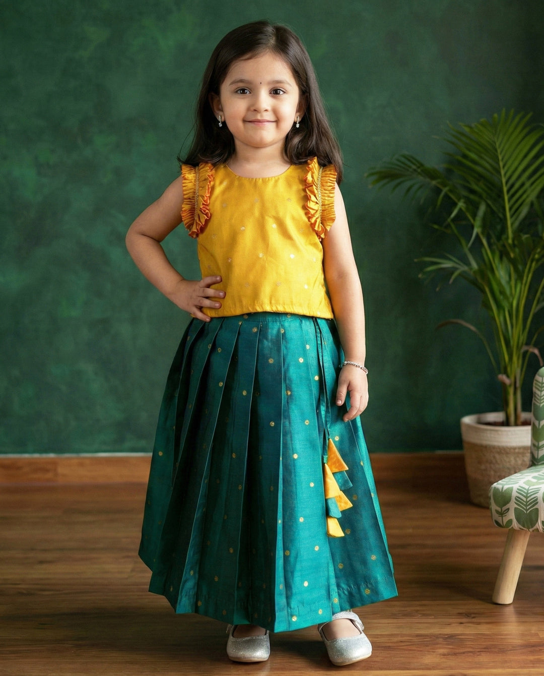 baby girls turquoise green mango yellow silk birthday dress lehenga choli traditional ethnic outfit festive wear