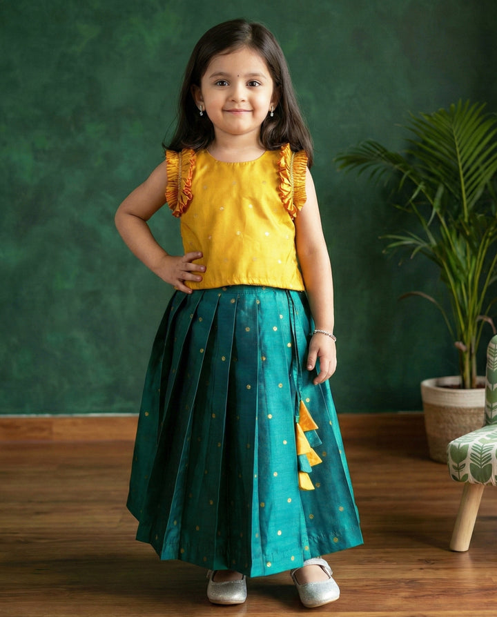 baby girls turquoise green mango yellow silk birthday dress lehenga choli traditional ethnic outfit festive wear