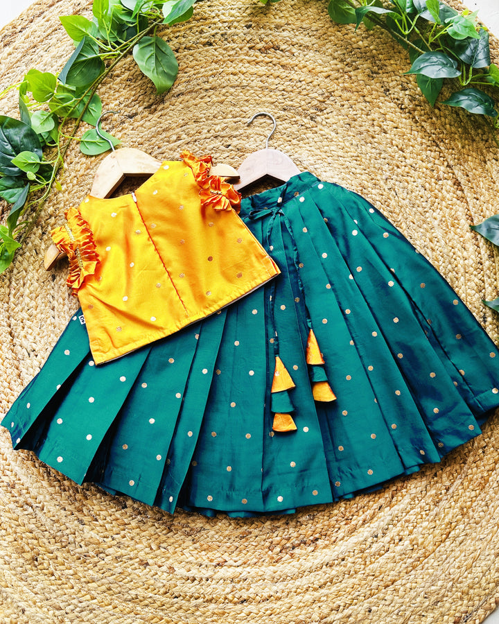 baby girls turquoise green mango yellow silk birthday dress lehenga choli traditional ethnic outfit festive wear