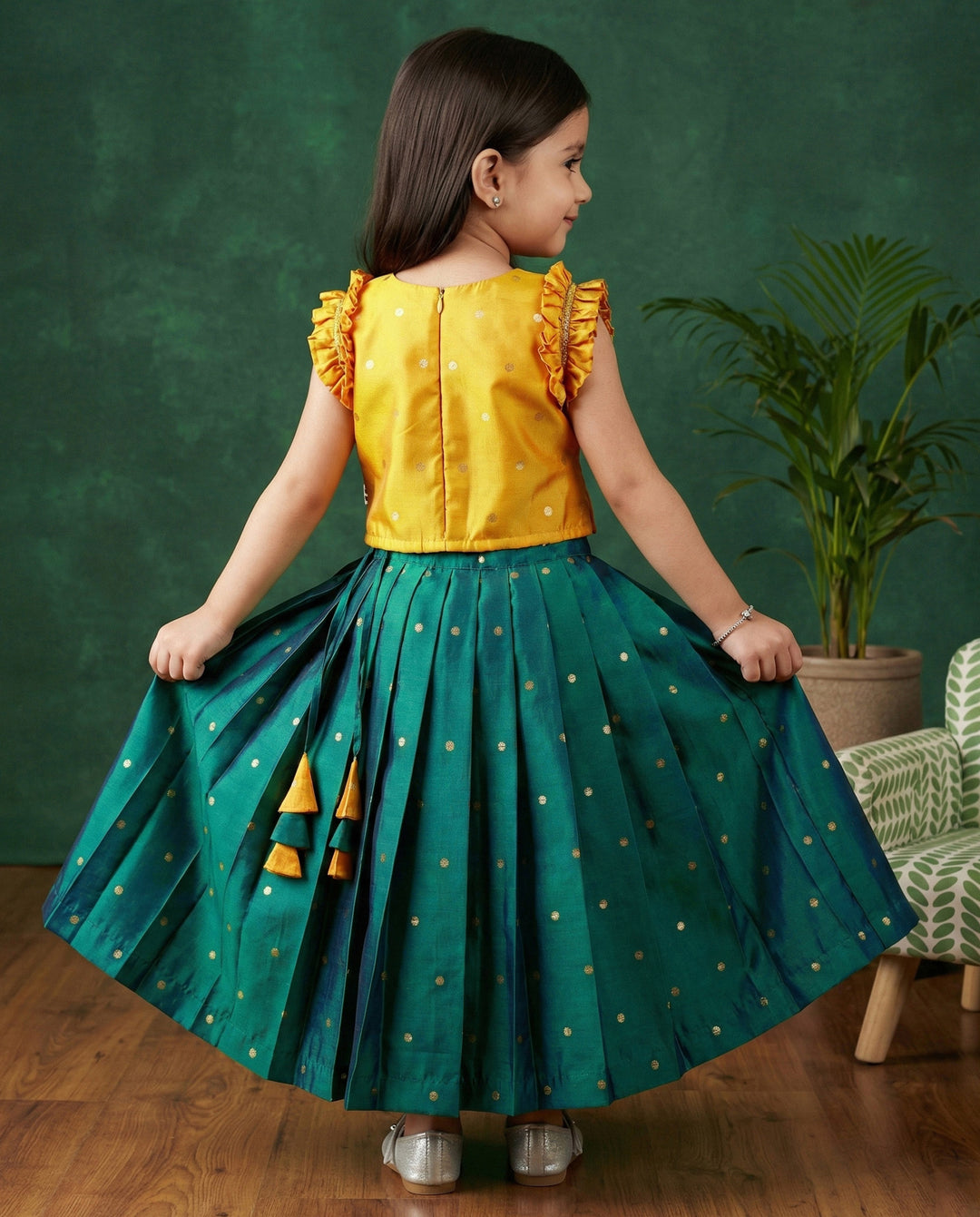 baby girls turquoise green mango yellow silk birthday dress lehenga choli traditional ethnic outfit festive wear
