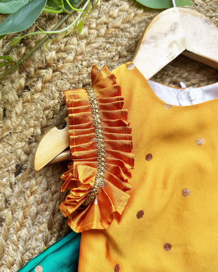 Turquoise green mango yellow silk baby girls birthday dress, traditional lehenga choli, festive kids wear, ethnic baby girl outfit