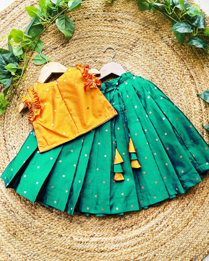 Turquoise green mango yellow silk baby girls birthday dress, traditional lehenga choli, festive kids wear, ethnic baby girl outfit