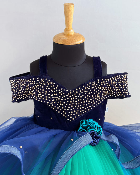 Turquoise Navy Baby Girls Birthday Gown - Heavy Partywear Dress by Stanwells Kids