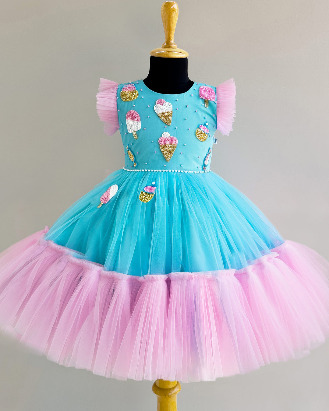 Sky Blue & Baby Pink Candy Theme Birthday Frock – Handwork Appliqué Party Dress for Baby Girls by Stanwells Kids